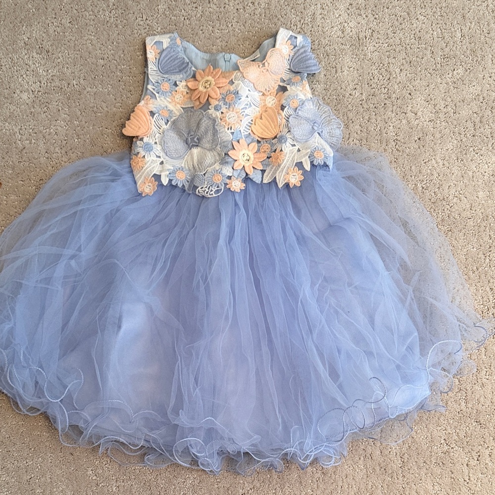 Girls Light Blue Floral Appliqué Tulle Party Dress